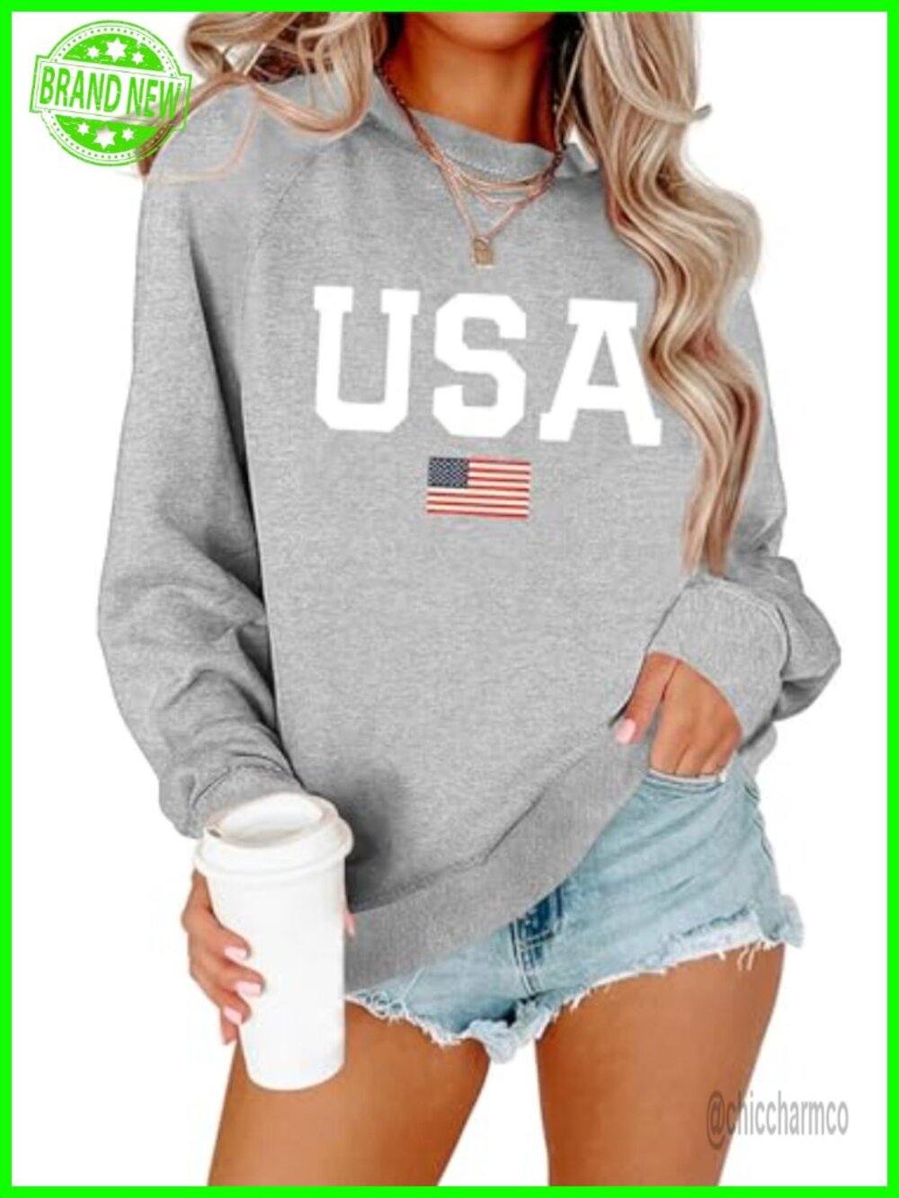 Womens USA Sweatshirt Crewneck American Flag Pullover Loose Fit Top